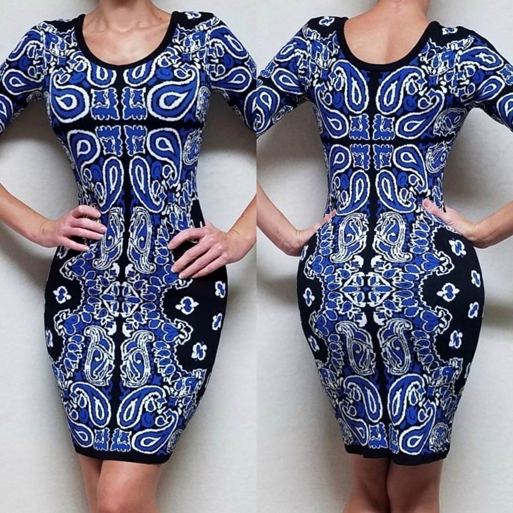 FELICITY & Coco Blue Paisley Midi Bodycon Dresses